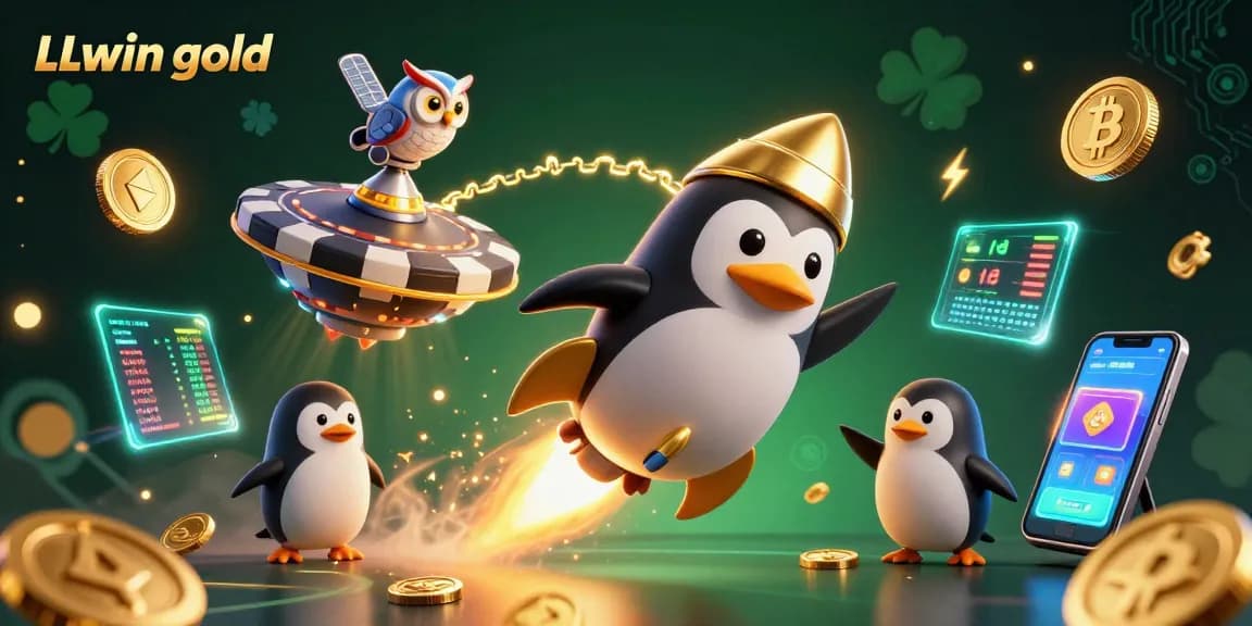 Experience LLwin gold with a dynamic scene featuring a golden penguin and casino elements.
