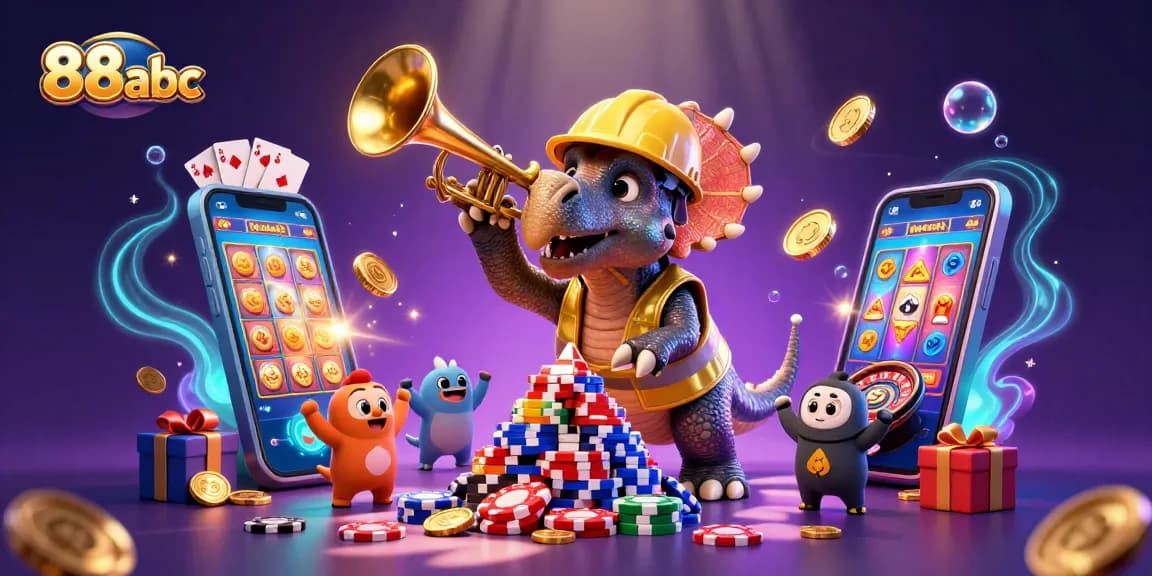 Engage with 88abc's vibrant casino fun featuring triceratops and slot games in a dynamic celebration.