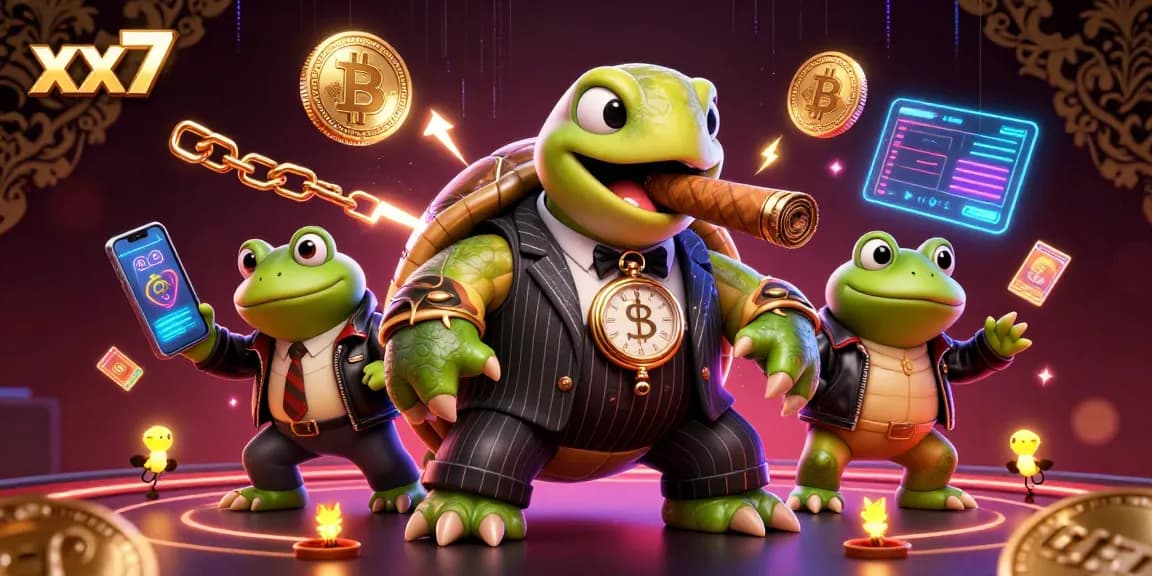 Strategically winning at the xx7 casino game, featuring a rich scene with vibrant characters and crypto elements.