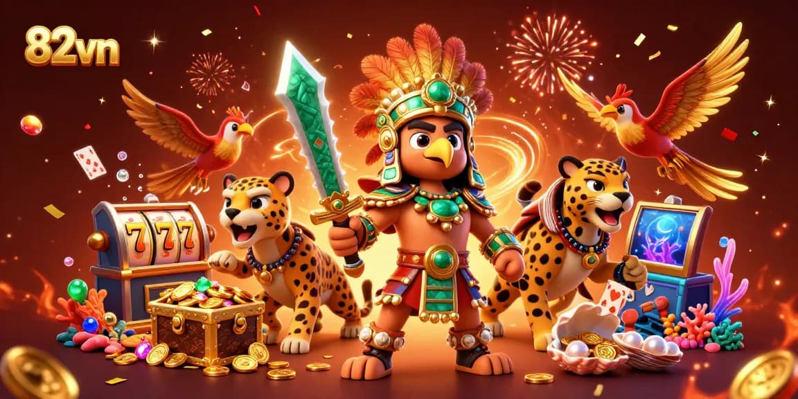 82vn presents a vibrant casino scene with characters celebrating surrounded by treasures and gaming elements.
