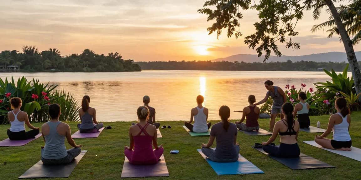 Yoga retreat Sri Lanka with diverse individuals practicing by a tranquil lake
