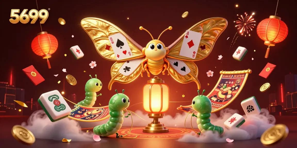 Experience thrilling games at 5699 with a stunning illustration of an atlas moth and casino elements.