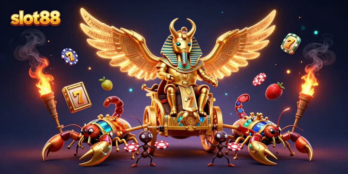 Engage with slot88 through thrilling gameplay around a golden scarab, with vibrant slot elements.