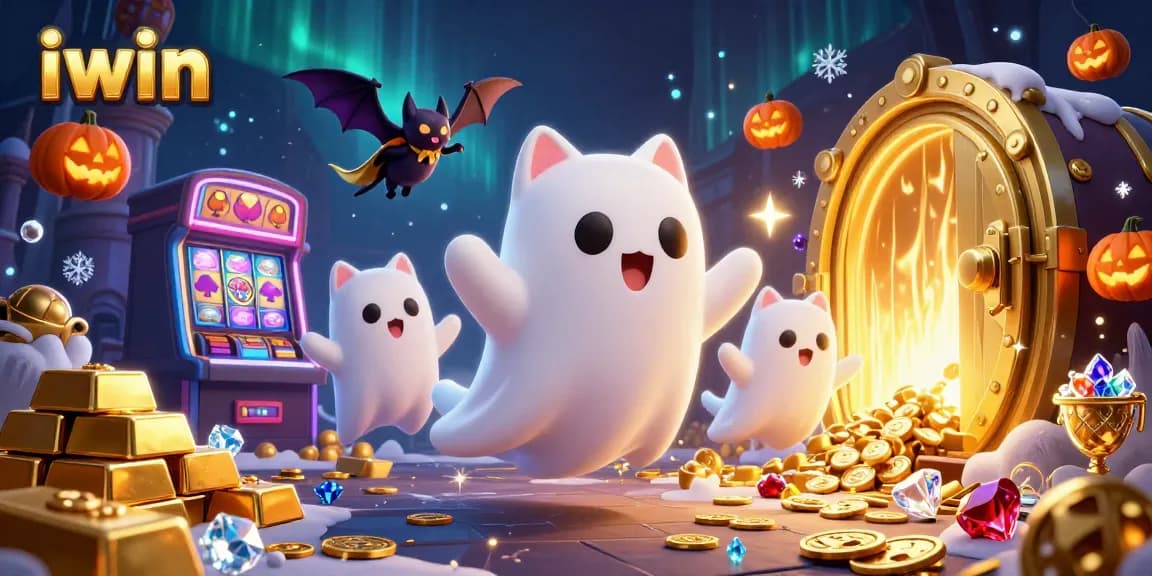 Experience iwin's thrilling online gaming with a spooky ghost cat in a vibrant casino scene.