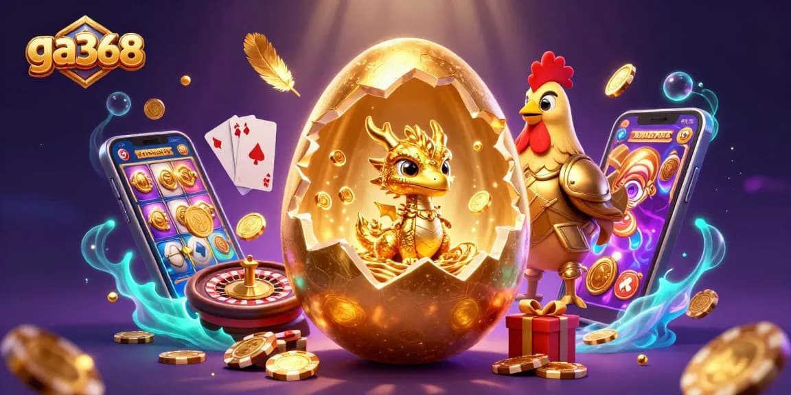 Engage in thrilling action with ga368's golden dragon mascot amidst poker chips and vibrant gaming elements.