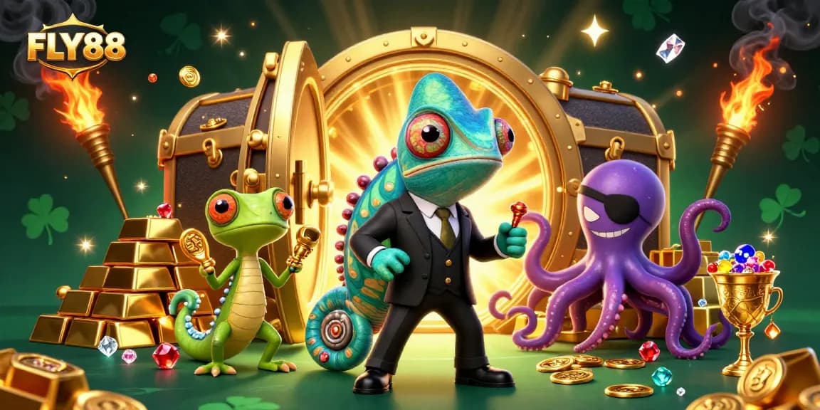 Experience exciting wins with FLY88 in a vibrant 3D casino atmosphere, featuring colorful characters and treasure.
