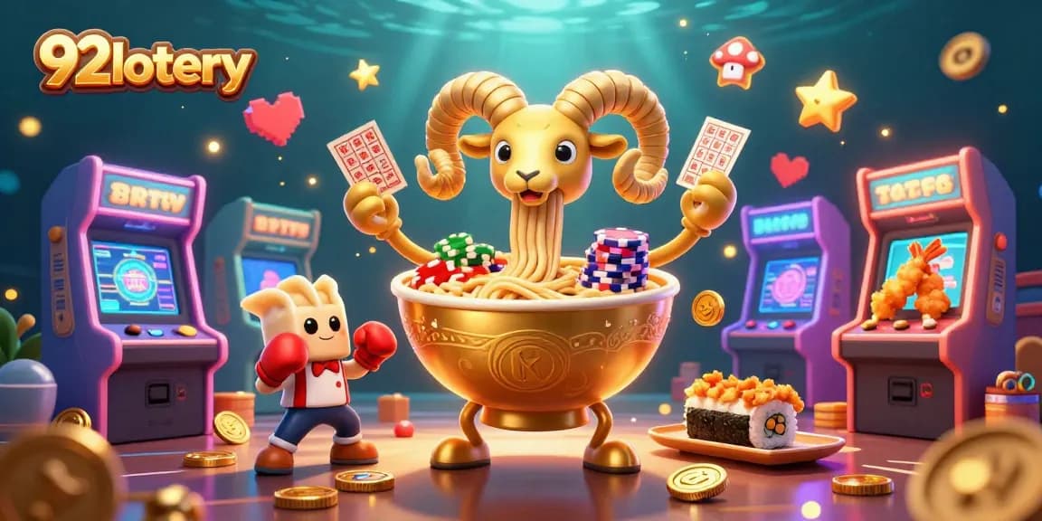 Experience the thrill of 92lottery with dynamic bingo elements in this vibrant arcade casino scene.