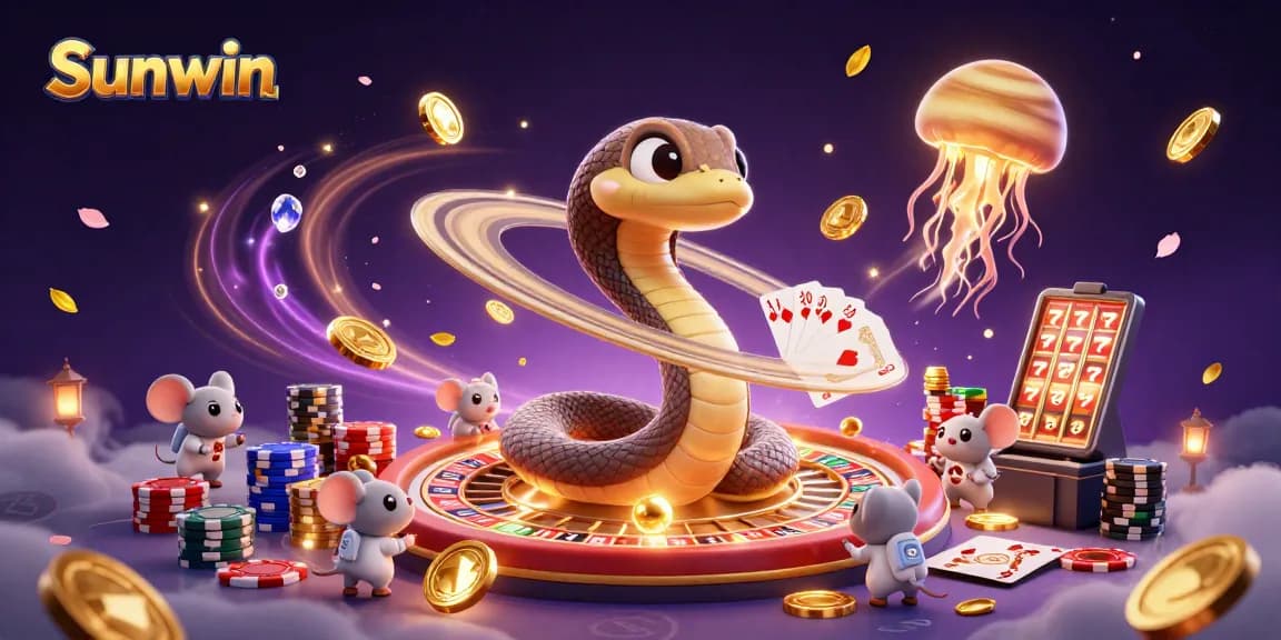 Experience the thrill of Sunwin with a cosmic roulette wheel and playful astronaut mice in this vibrant illustration.