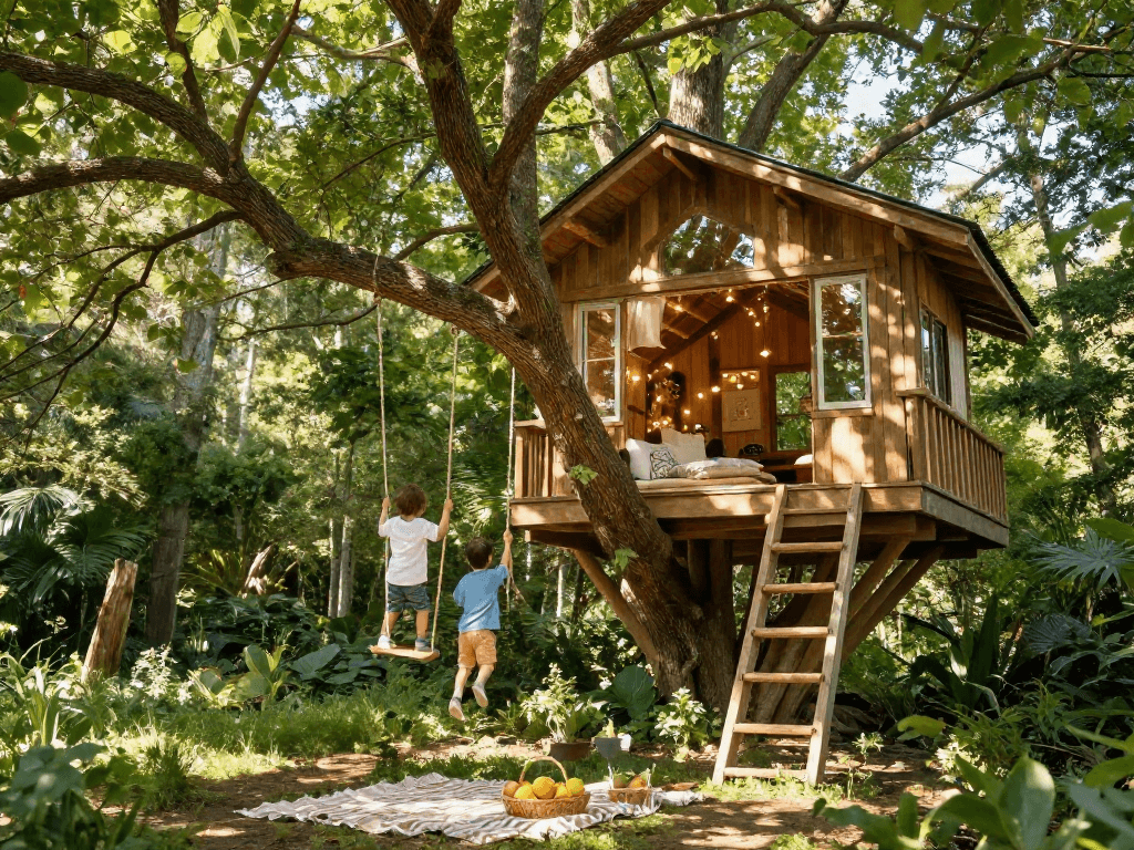 Children enjoying tree house life in a whimsical forest setting.