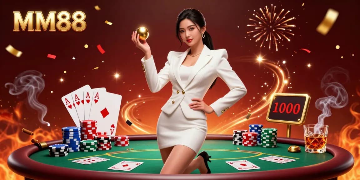Experience the thrill of MM88 with a confident woman showcasing casino excitement and golden roulette.