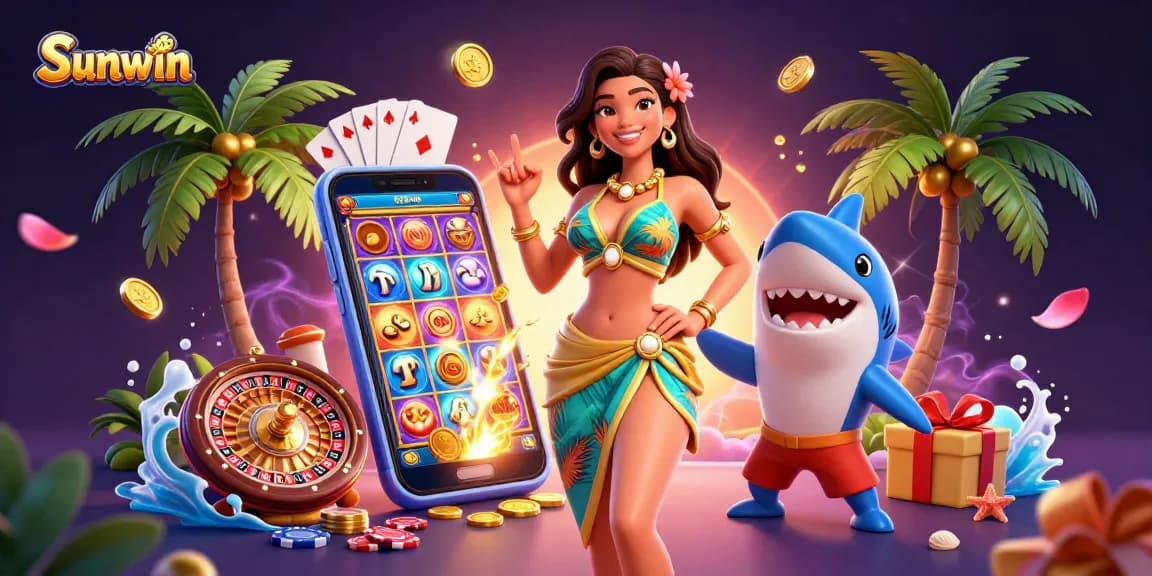 Sunwin engages players with thrilling casino games surrounded by a vibrant 3D scene.