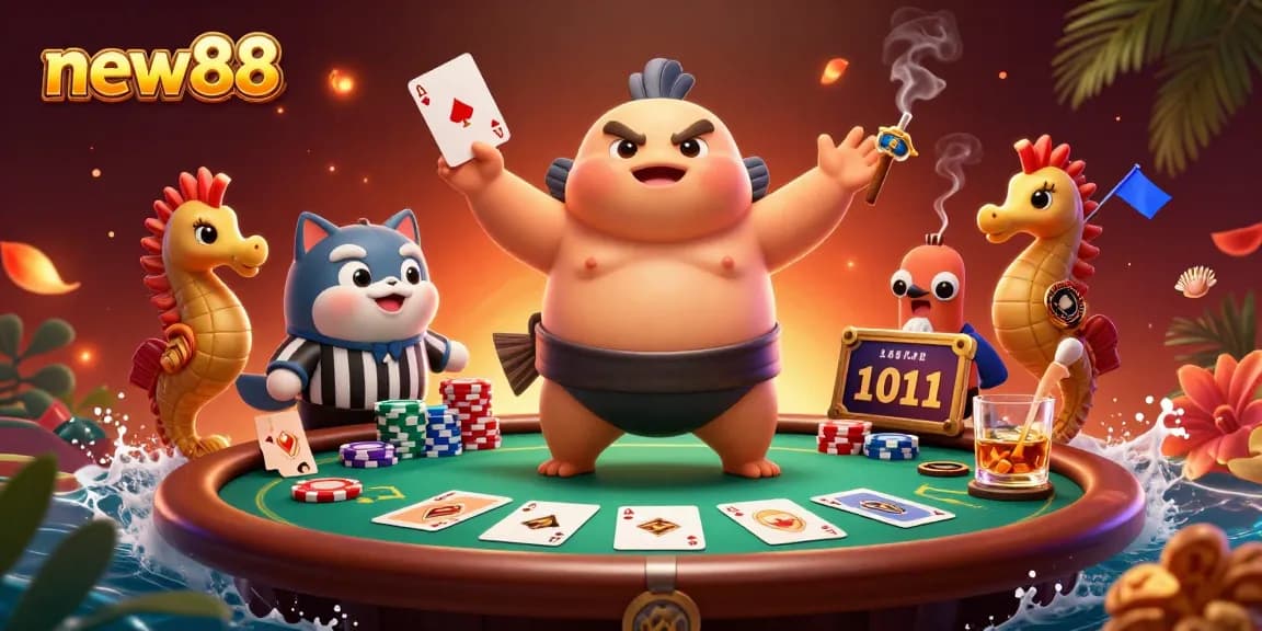 Gamble with new88 at an underwater poker scene with a fugu in a sumo belt, showcasing a lively atmosphere.