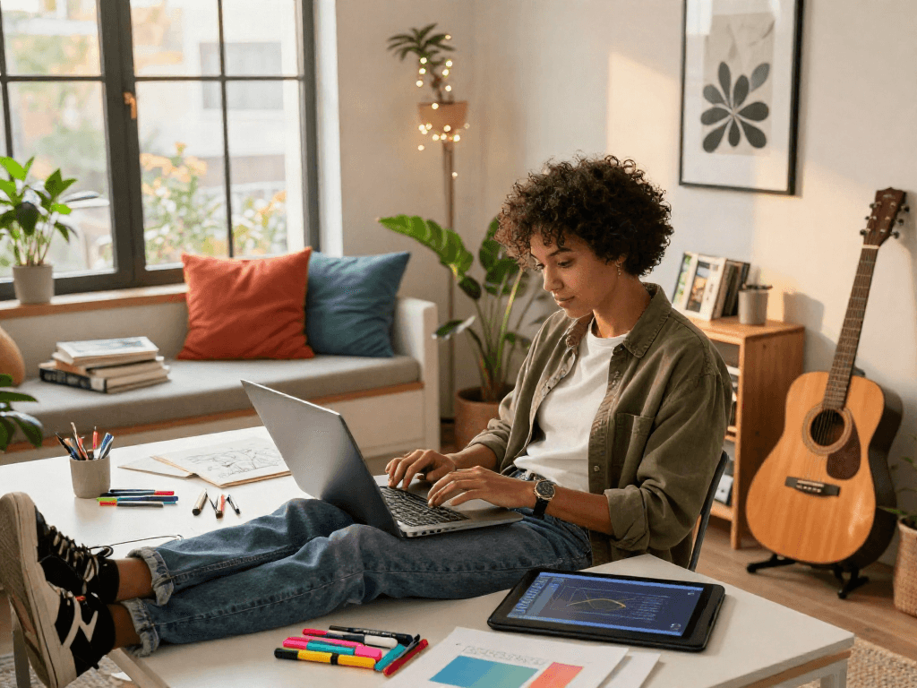A creative professional immersed in content creation in a chic studio, emphasizing nsfw ai elements in a vibrant urban setting.