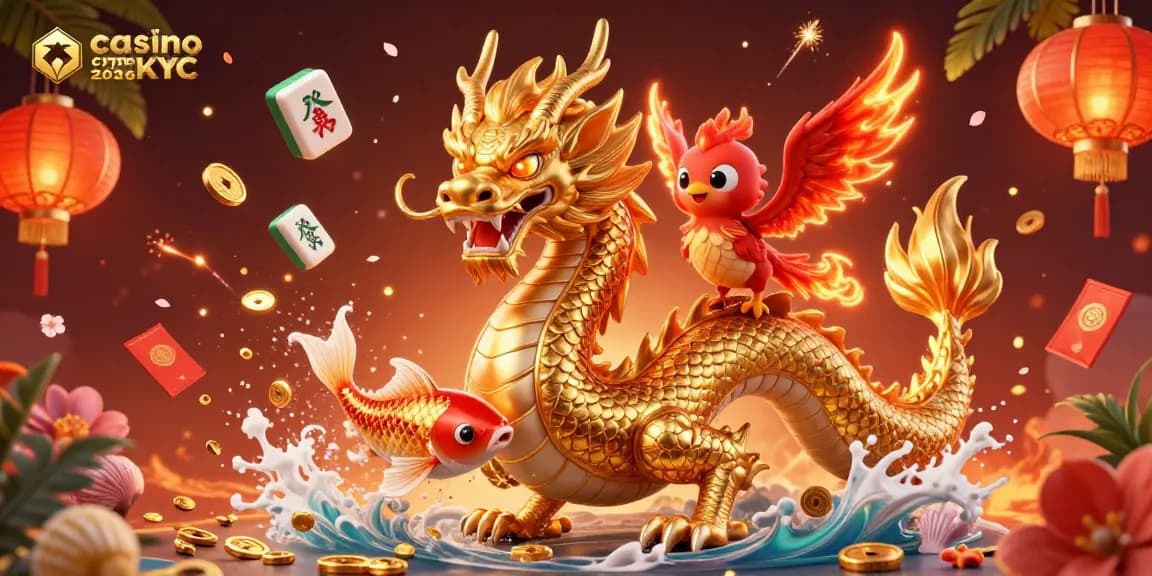 Jouez dans un casino crypto sans KYC 2026 avec des dragons et des pièces d'or flottantes.