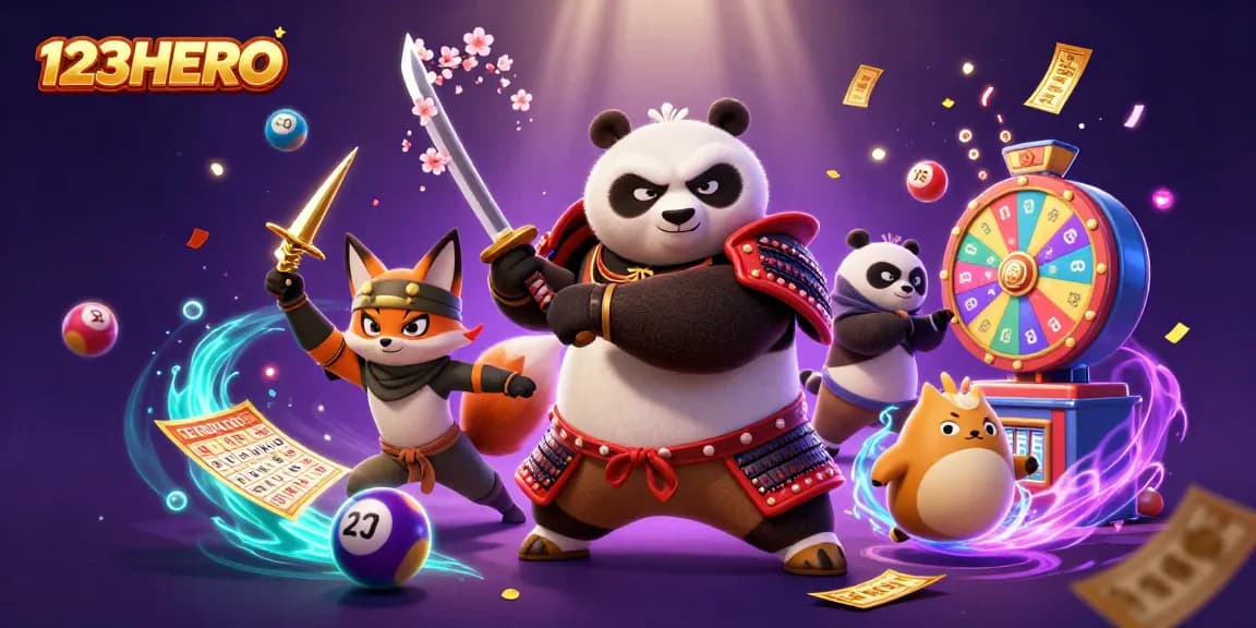 Engage with 123HERO's dynamic gaming world featuring samurai panda and animated casino elements.