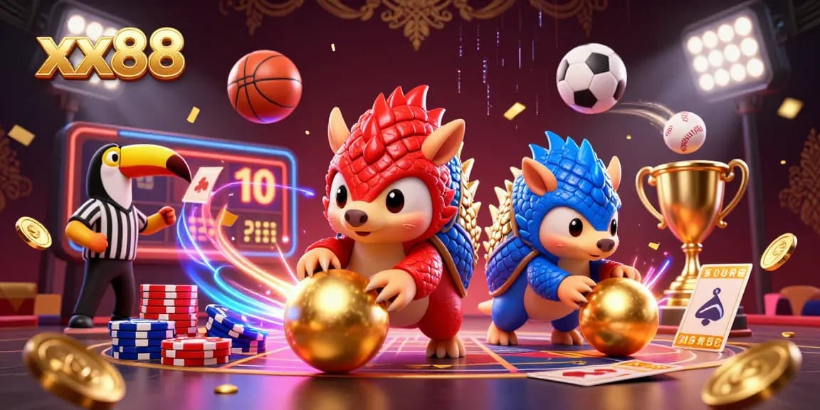 xx88 pangolins competing in dynamic bowling action amid overflowing poker chips and vibrant sports elements.
