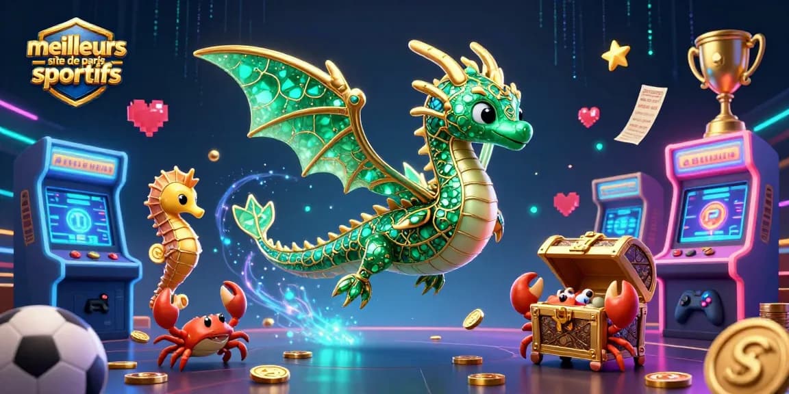 Image d'un dragon de mer émeraude représentant les meilleurs sites de paris sportifs, entouré d'éléments de paris sportifs.