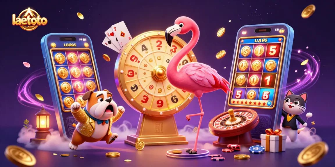 Engage with laetoto's vibrant casino scene featuring a flamingo host and bulldog contestant.