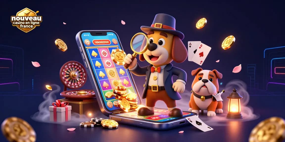 Examinez le poker avec un détective dans un nouveau casino en ligne France, entouré de jetons et de jeux.