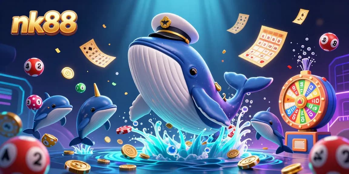 nk88 whales and dolphins celebrating with prizes and colors in a vibrant casino scene