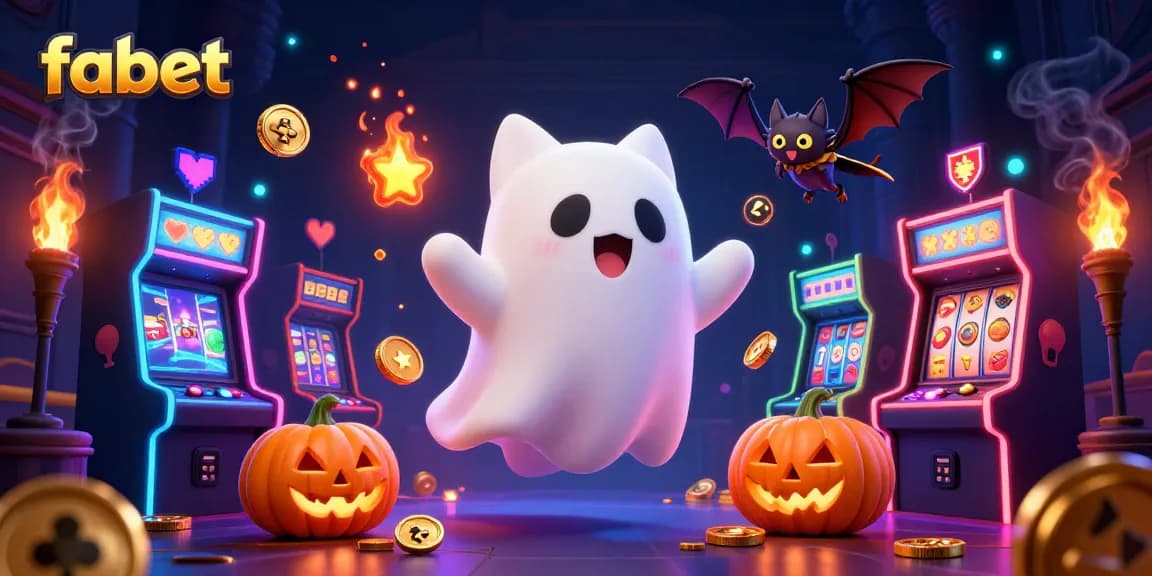 Playful ghost cat and bat companions explore fabet's haunted casino filled with glowing slot machines and game elements.
