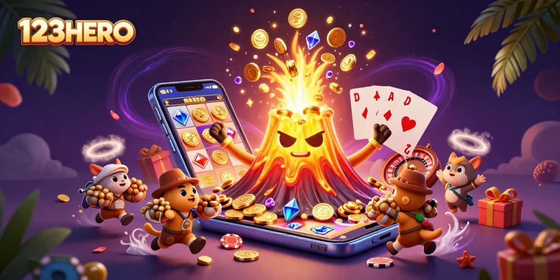 Engage in thrilling 123HERO gaming with triumphant volcano and bursting treasures.