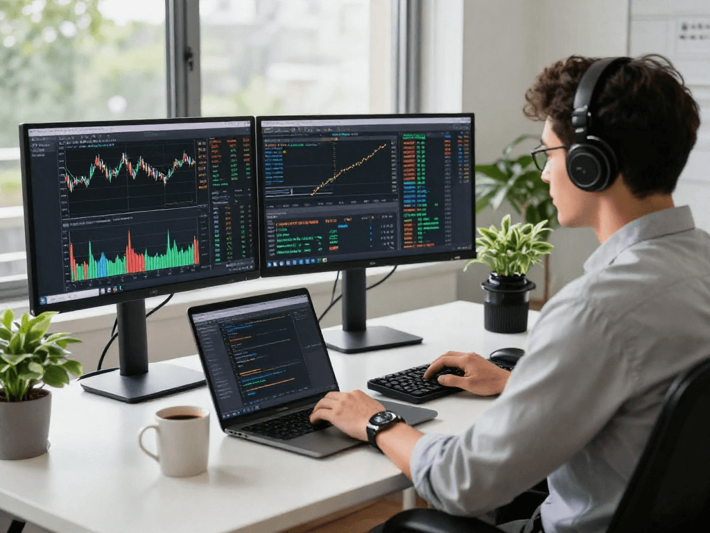 在TradingView官网上，交易者在多显示器工作区分析股票和加密货币市场趋势。