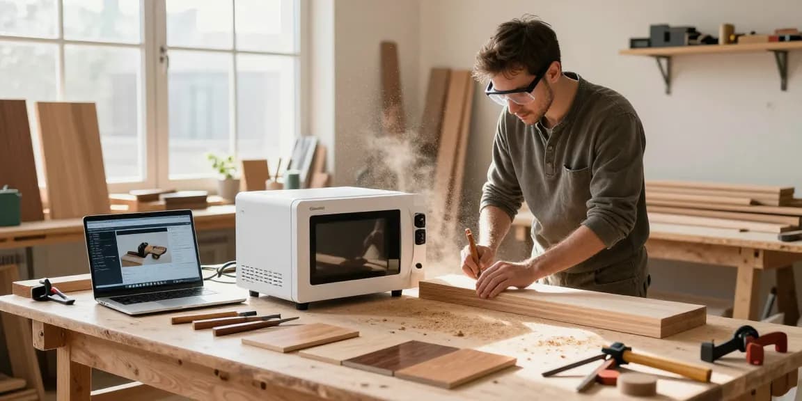 Shashel microwave device in a woodworking workshop treating wood for pest elimination.