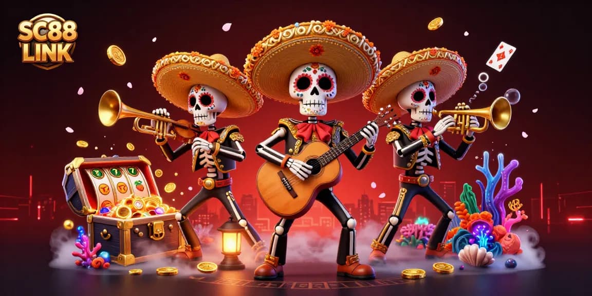 Engage with the vibrant SC88 LINK scene featuring animated skeleton mariachi band amidst exciting casino elements.