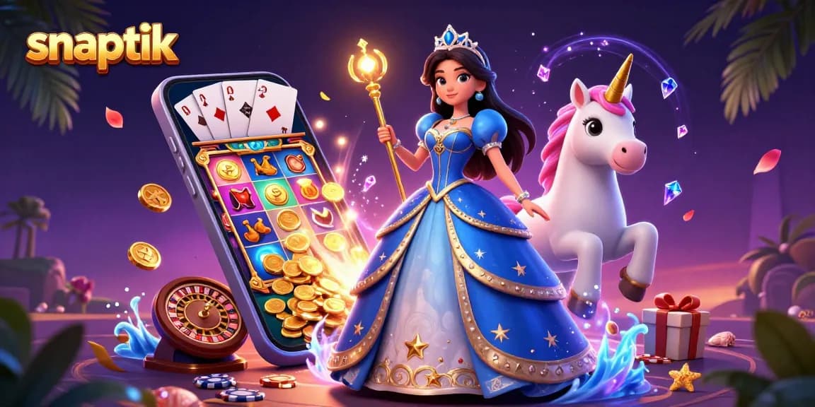 snaptik effortlessly downloads TikTok videos, showcasing a beautiful woman and unicorn in a gambling-themed scene