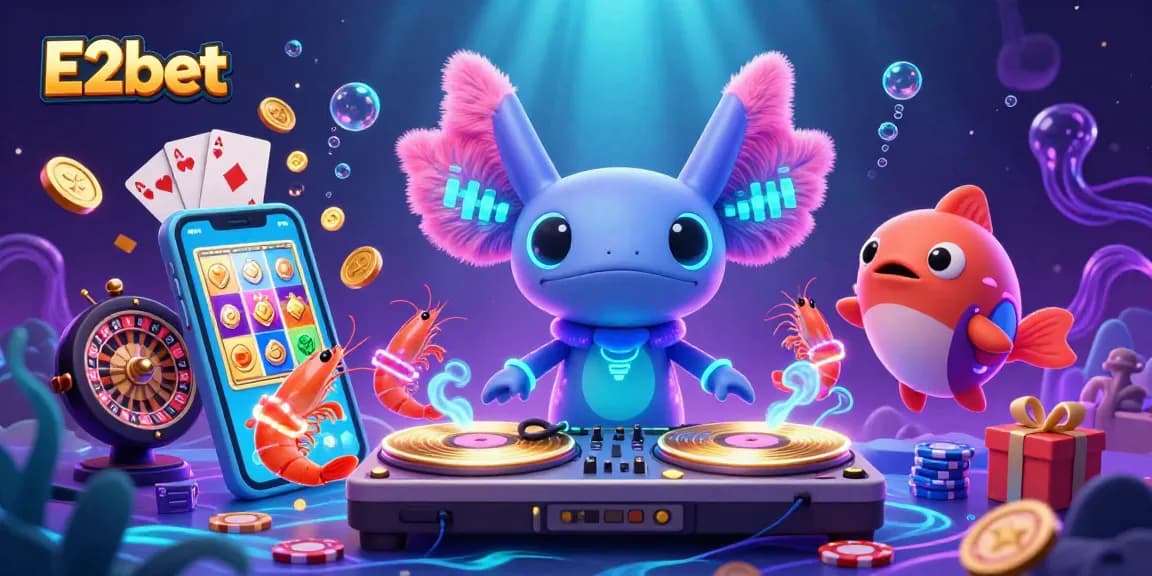 E2bet players enjoy exciting slot spins while a neon axolotl DJ entertains in a vibrant casino scene.