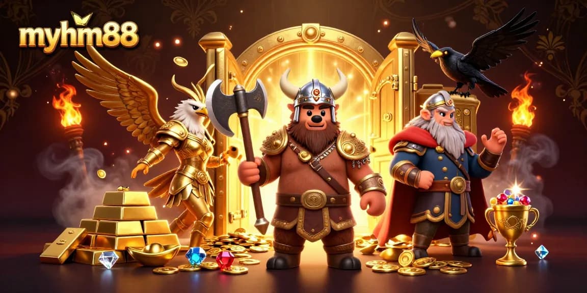 Experience the thrill of gaming with myhm88 in this vibrant 3D illustration of a Viking bear and Valkyrie eagle.