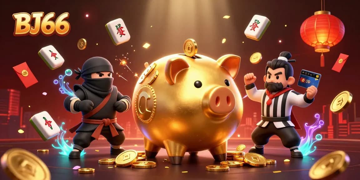 BJ66 showcases a dynamic scene with a golden piggy bank sumo wrestler celebrating wins in vibrant casino elements.