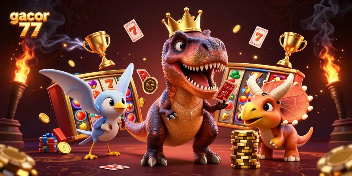 Gacor 77 menampilkan T-Rex lucu bermain kartu sambil dikelilingi simbol judi bertema slot yang mengasyikkan.