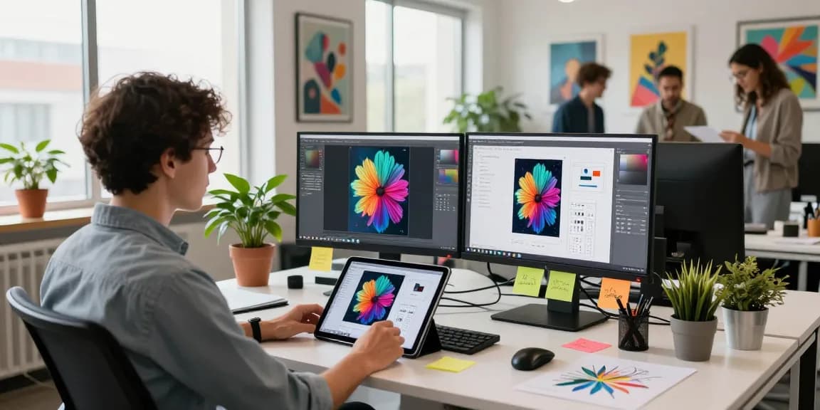 Edit images using Nano Banana 2 in a vibrant modern workspace with dual monitors and creative elements.