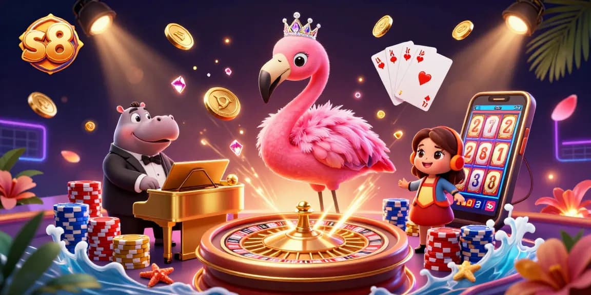 S8 casino scene featuring a flamingo singer and a hippo bassist with jackpots and bonus elements.