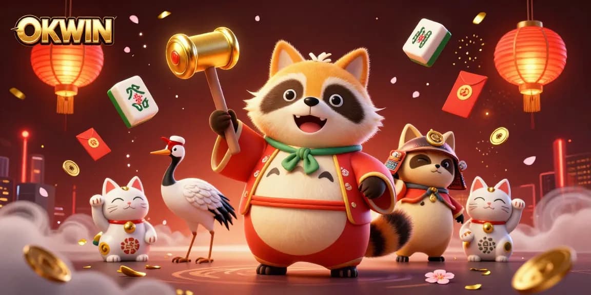 Engage with OKWIN's vibrant gaming scene featuring dynamic characters and festive elements.