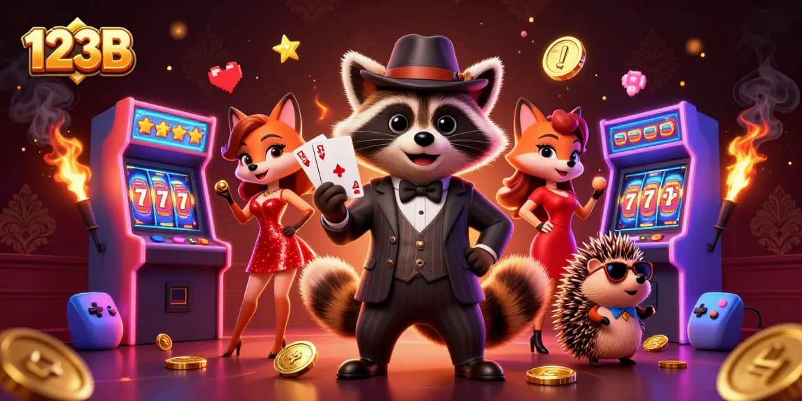 Experience thrilling casino action at 123B with raccoon, fox, and hedgehog in a vibrant gaming scene.