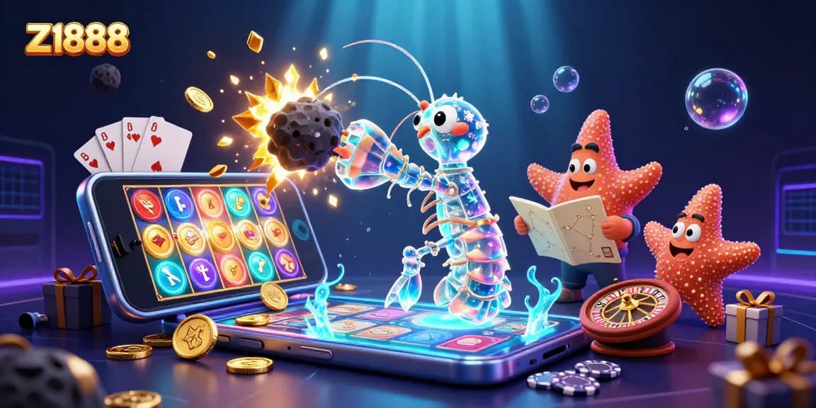 Experience thrilling z1888 games with a vivid illustration of a galactic mantis shrimp and starfish amid shining gems and coins.