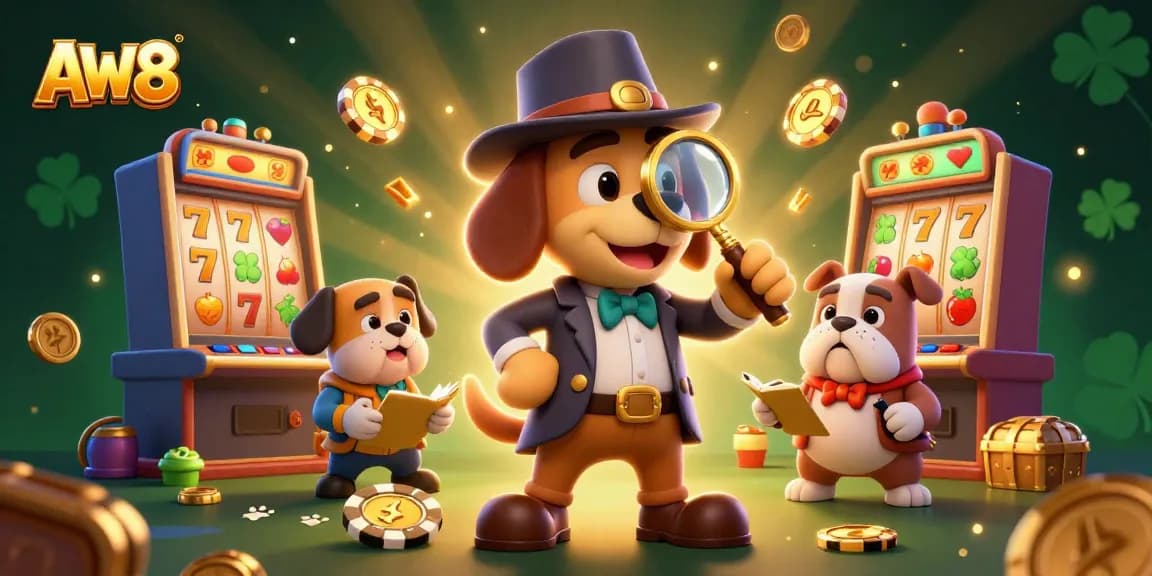 Engage with AW8's exciting gaming world featuring a detective and his companion exploring slot machines.