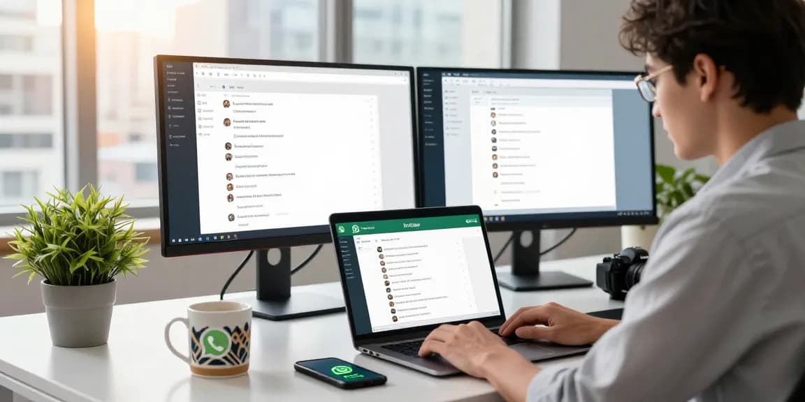 Professional workspace with WhatsApp網頁版 on laptop, showcasing modern tech environment