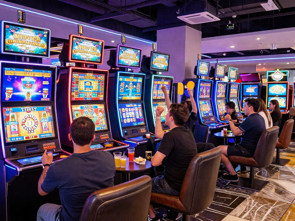 Engaged players enjoying slot kamboja games in a lively casino atmosphere.