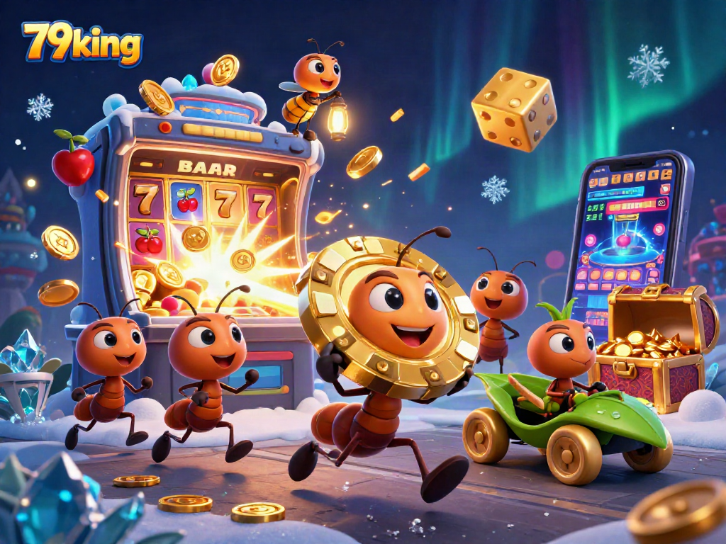 79king team of ants heist scene with golden poker chip and exploding slot machine treasures