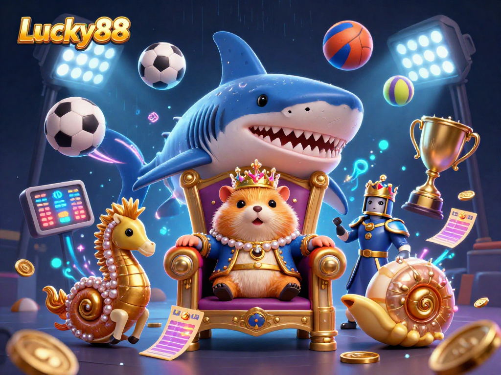 Bet with Lucky88 like a king at this vibrant cartoon casino scene filled with sports elements.