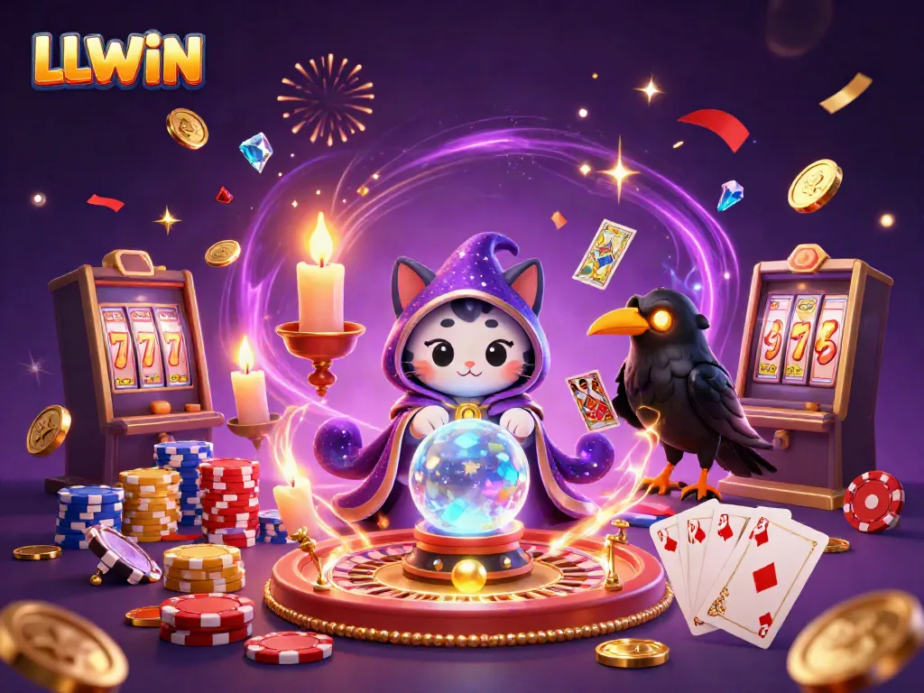 Engage in thrilling casino experiences with LLWIN, featuring a mystic cat, a tarot raven, and vibrant game elements.