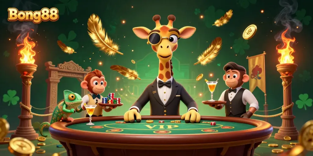 Experience Bong88's vibrant casino atmosphere with a high-roller giraffe alongside dynamic game elements.