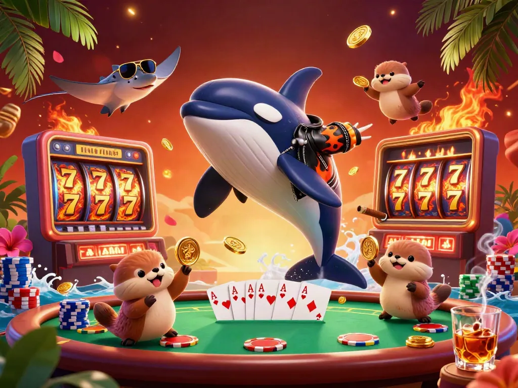 Experience the thrill of slot games with a lively casino scene featuring slot reels and dynamic characters.
