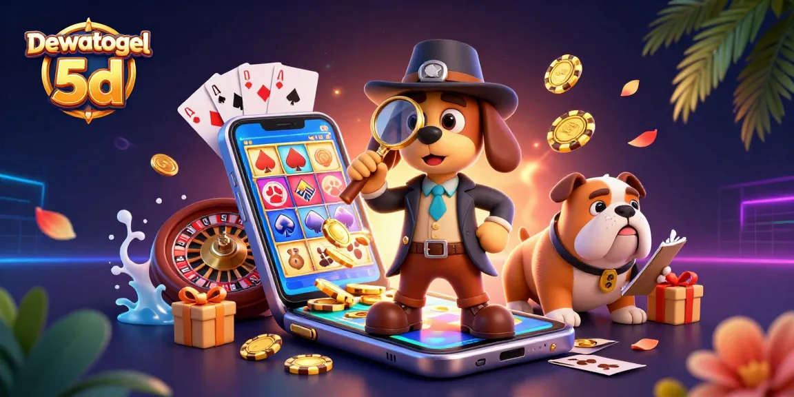 Dewatogel 5d showcases a cartoon detective finding poker chips among vibrant slot game elements.