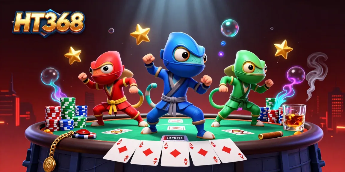 Engage with HT368 as ninja chameleons showcase poker skills in a vibrant casino scene.