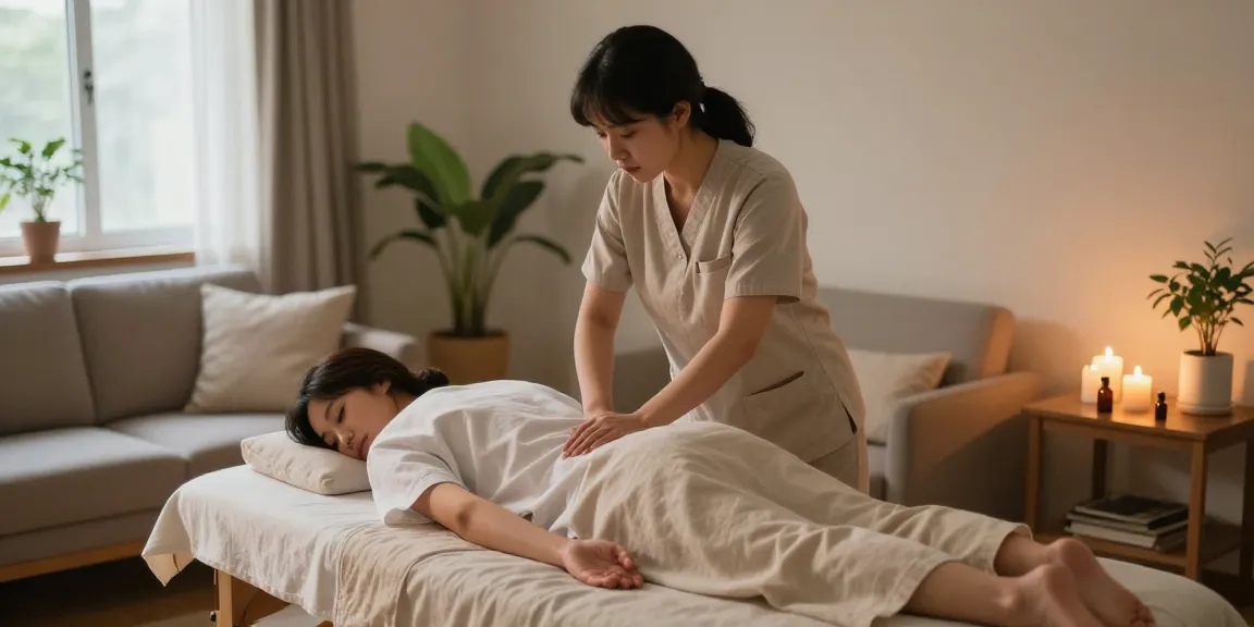 Relaxing 신촌출장마사지 scene in a tranquil home setting, featuring a professional therapist and soothing atmosphere.